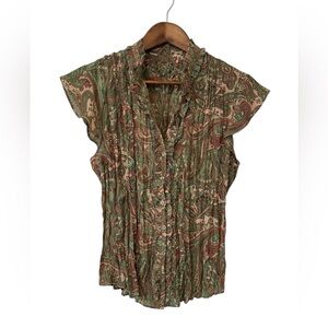 Women’s Y2K Paisley Print Buttonfront Flutter Sleeve Top Fairygrunge Forest S